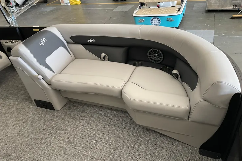 Slide: The Image of Luxurious seating in the 2026 Barletta ARIA 22QC pontoon boat, featuring plush upholstery. - 18