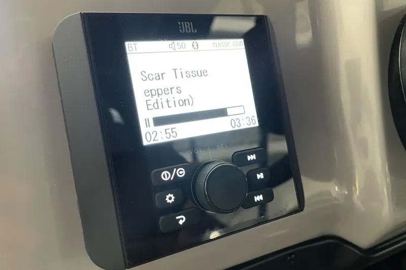 Slide: The Image of JBL audio system displaying "Scar Tissue" song on Barletta ARIA 22QC, 2026 model. - 23