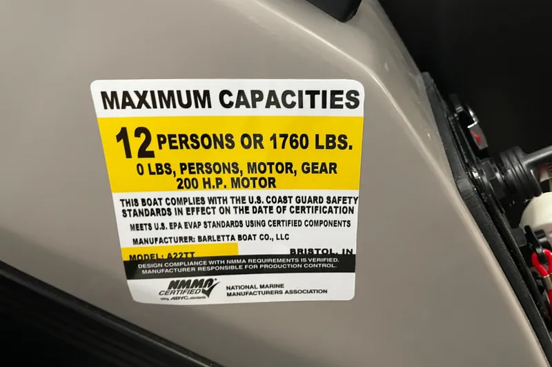 Slide: The Image of Barletta ARIA 22QC 2026 boat capacity label, 12 persons or 1760 lbs, 200 HP motor. - 28