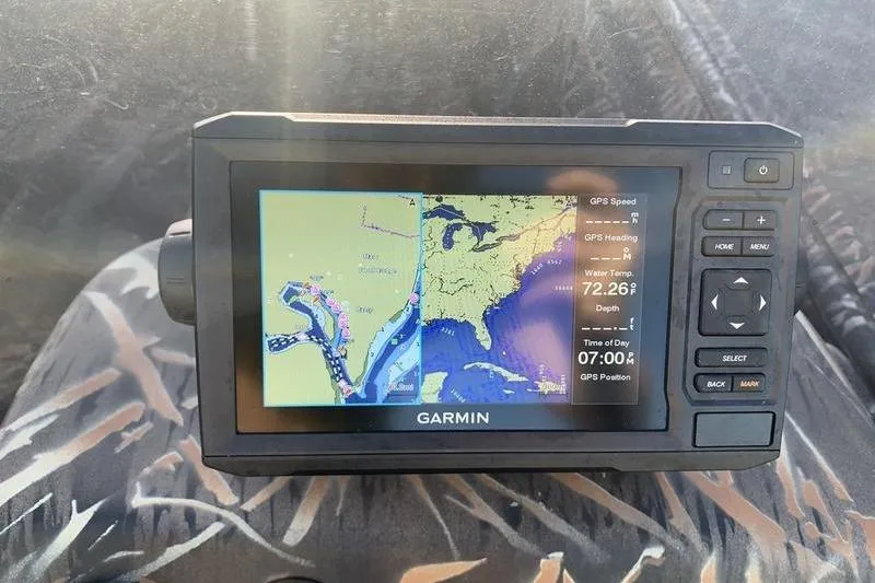 Slide: The Image of Garmin GPS device displaying navigation map on a 2020 SeaArk RX 170 boat. - 13