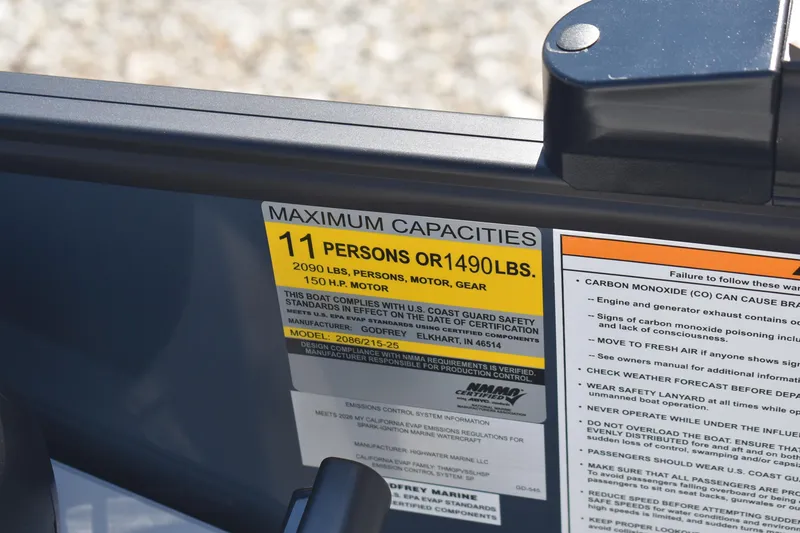 Slide: The Image of 2026 Godfrey Sweetwater 2086 C capacity label, 11 persons or 1490 lbs, 150 HP motor. - 14