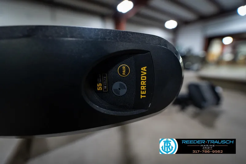 Slide: The Image of Close-up of Terrova trolling motor on 2007 G3 1860 CCT boat, Reeder Trausch Marine logo visible. - 47