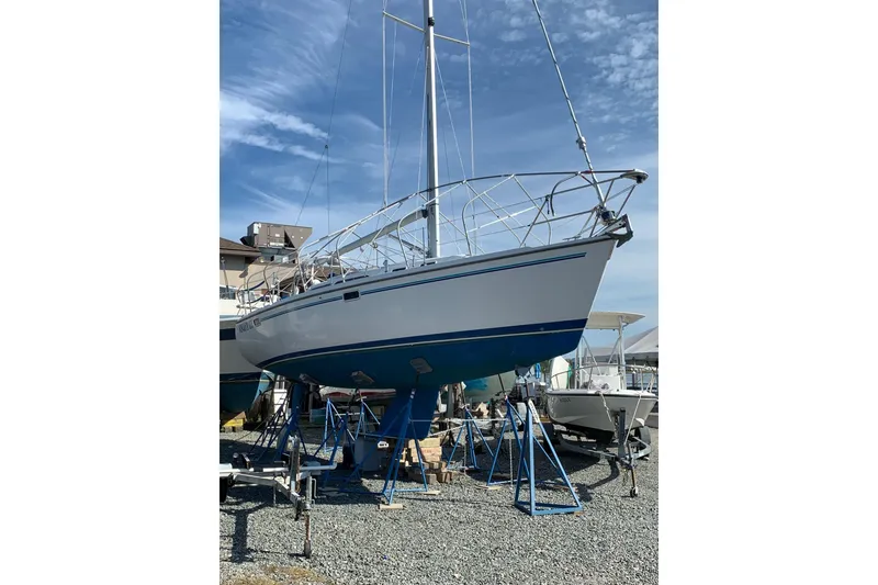 Slide: The Image of 1998 Catalina 320 sailboat on stands, clear sky background, marina setting. - 26