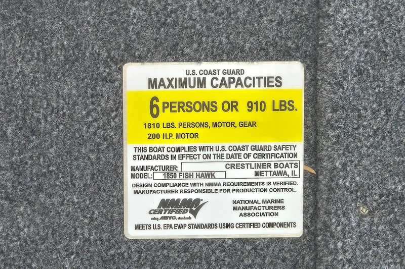 Slide: The Image of U.S. Coast Guard capacity label for 2021 Crestliner 1850 Fish Hawk SC JS boat. - 17