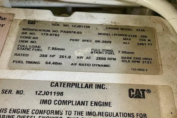 Slide: The Image of Caterpillar engine label on 2001 Sea Ray 420 Aft Cabin, model 3126, 350 HP. - 53
