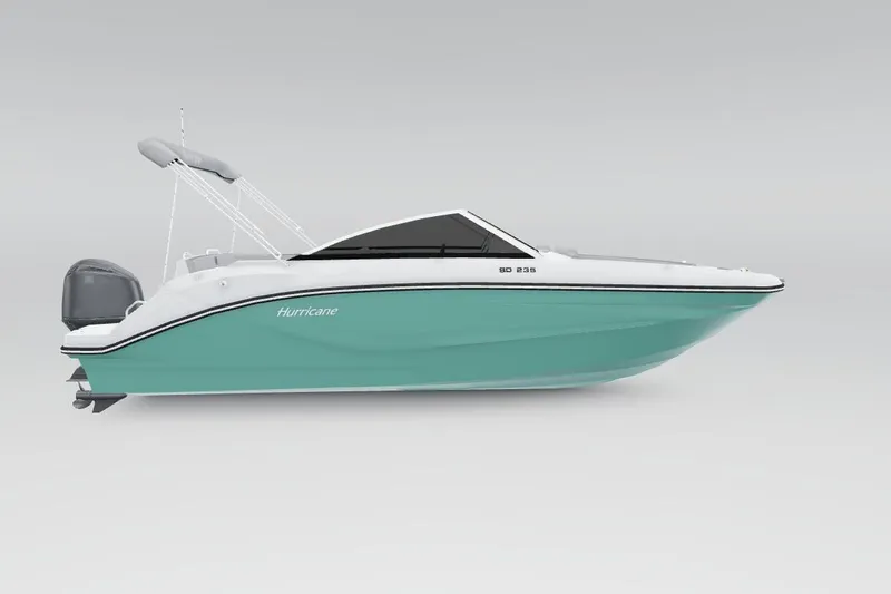 Slide: The Image of 2026 Hurricane SunDeck 235 OB boat, teal hull, sleek design, outboard motor, side view. - 49