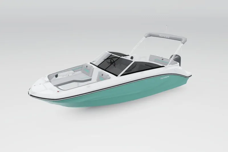 Slide: The Image of 2026 Hurricane SunDeck 235 OB boat with sleek design and turquoise hull. - 50
