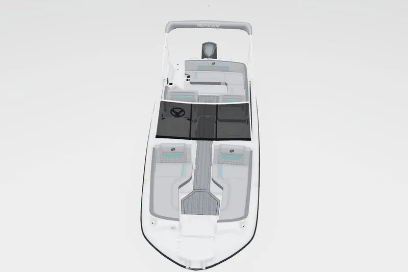 Slide: The Image of 2026 Hurricane SunDeck 235 OB boat, top view, showcasing spacious seating and sleek design. - 52
