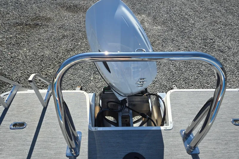 Slide: The Image of 2026 Godfrey Xperience 2286 SBX boat engine and deck view. - 28