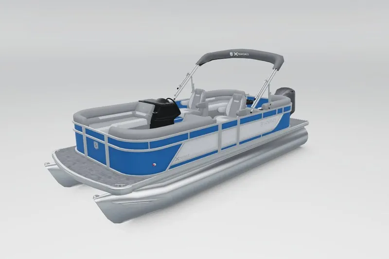 Slide: The Image of 2026 Godfrey Xperience 2286 SBX pontoon boat, blue and gray design, side view. - 43