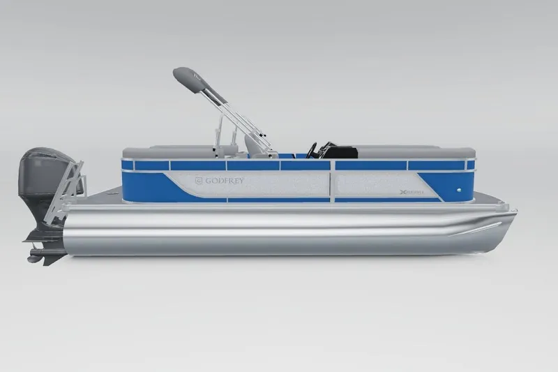 Slide: The Image of 2026 Godfrey Xperience 2286 SBX pontoon boat, blue and silver design, side view. - 46