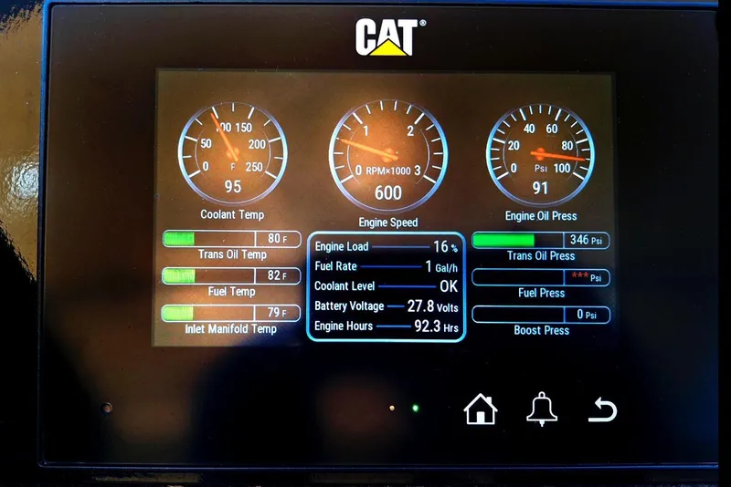 Slide: The Image of CAT engine display showing coolant temperature, engine speed, and oil pressure for 2005 RivaRama 44. - 12