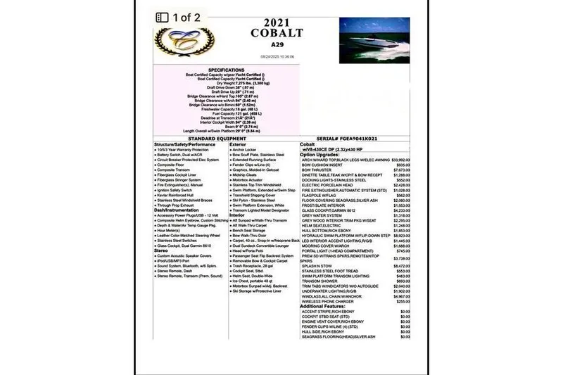 Slide: The Image of 2021 Cobalt A29 specifications and equipment list with pricing details. - 4