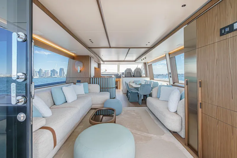 Slide: The Image of Luxurious interior of 2026 Azimut Fly 72 yacht with modern furnishings and ocean view. - 41