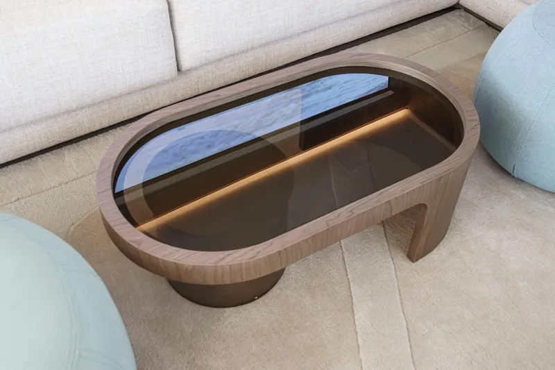 Slide: The Image of Modern wooden coffee table with glass top in Azimut Fly 72 yacht interior, 2026 model. - 45