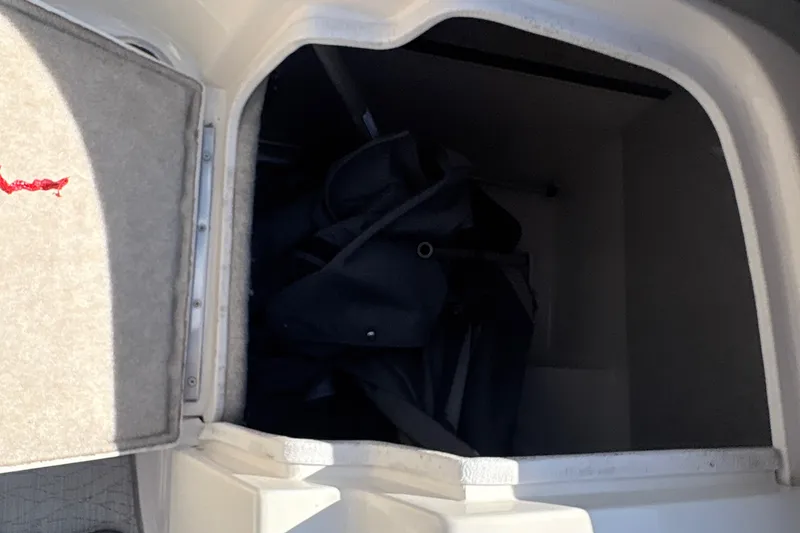 Slide: The Image of Storage compartment in a 2022 Splendor 239 Sunstar boat, featuring interior space and carpeted door. - 16