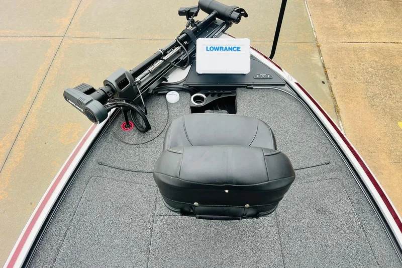 Slide: The Image of 2021 Nitro Z19 Pro boat deck with Lowrance electronics and trolling motor. - 13
