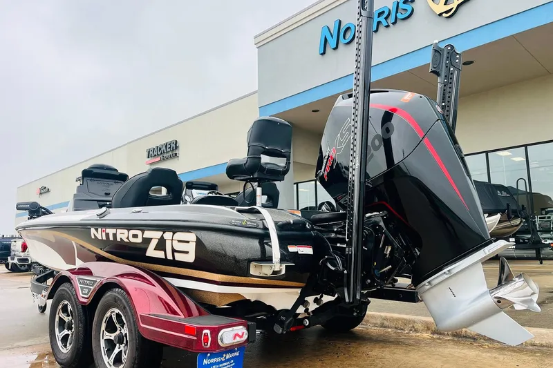 Slide: The Image of 2021 Nitro Z19 Pro boat with powerful engine at dealership. - 8