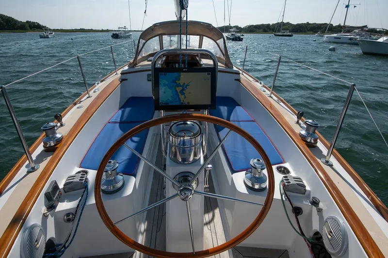 Slide: The Image of Cockpit view of 2006 Morris M36 Daysailer with wooden wheel and navigation display. - 27