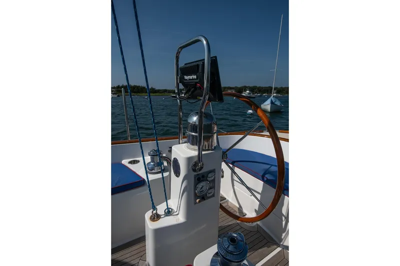 Slide: The Image of Cockpit of 2006 Morris M36 Daysailer with wooden wheel and navigation equipment. - 28