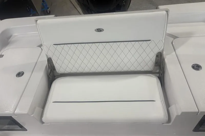 Slide: The Image of 2026 Sportsman Masters 227 boat seat with white diamond-stitched upholstery. - 30