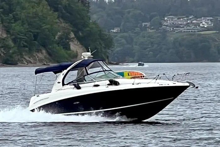 The Image of 2004 Sea Ray 300 Sundancer cruising on a scenic lake with lush green hills. - 0