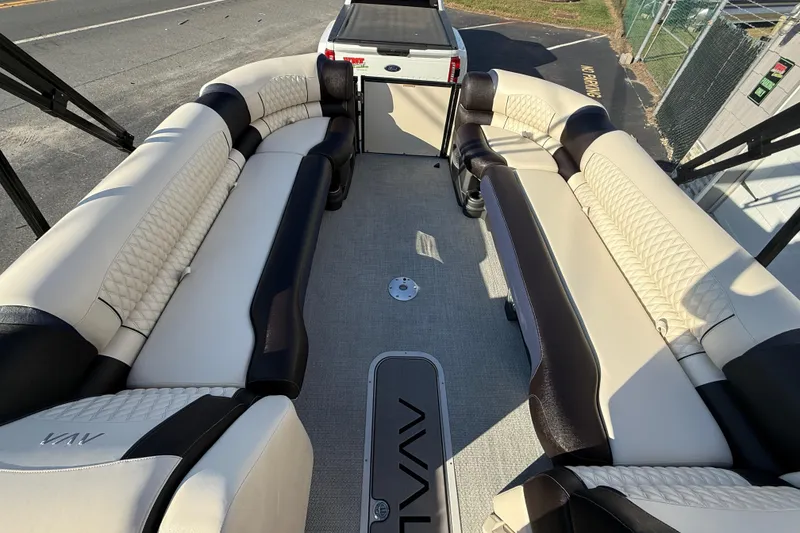 Slide: The Image of Luxurious 2025 Avalon 2785 Excalibur LTD boat interior with plush seating and modern design. - 18