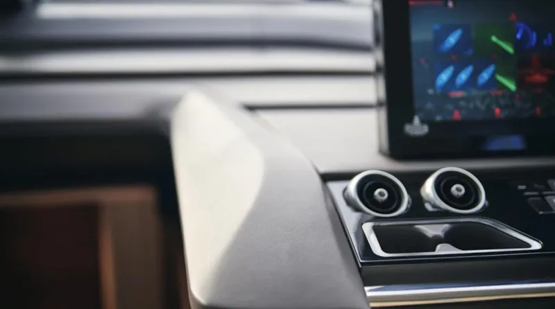 Slide: The Image of Interior of 2025 Princess F65 yacht with modern dashboard and touchscreen display. - 15