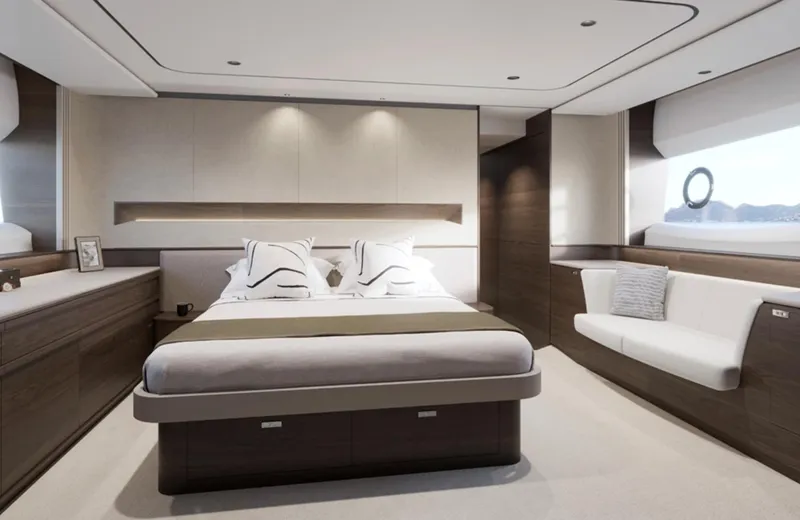 Slide: The Image of Luxurious 2025 Princess F65 yacht bedroom with modern design and elegant furnishings. - 21