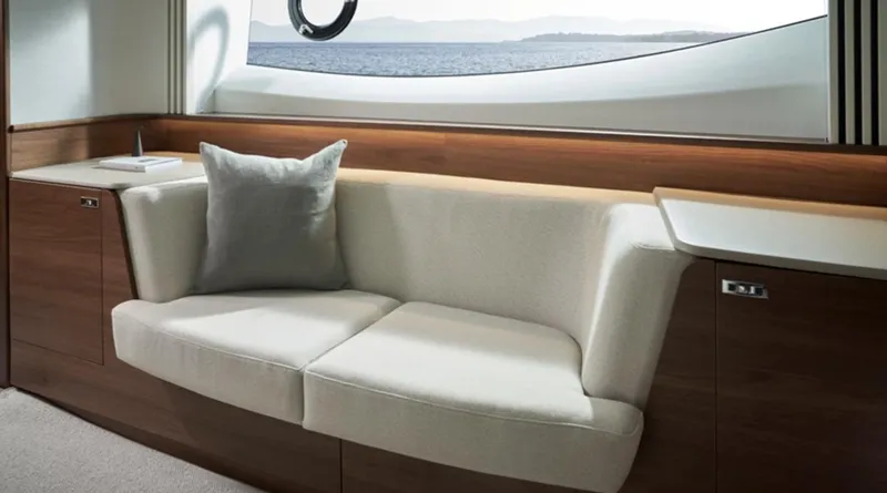 Slide: The Image of Luxurious interior of 2025 Princess F65 yacht with elegant seating and ocean view. - 23