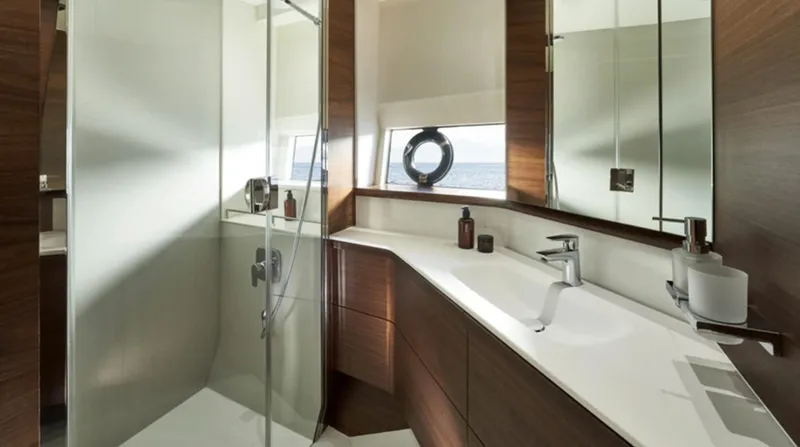 Slide: The Image of Luxurious bathroom in 2025 Princess F65 yacht with modern fixtures and ocean view. - 27