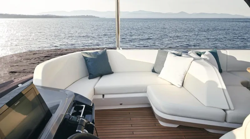 Slide: The Image of Luxurious 2025 Princess F65 yacht with elegant white seating and ocean view. - 7