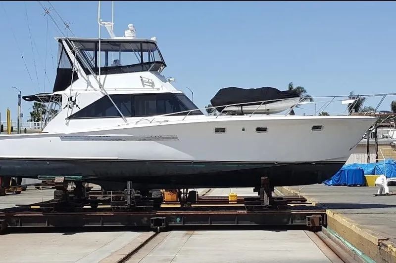 Slide: The Image of 1974 Pacemaker 48 Sportfisherman yacht on dry dock, side view. - 2