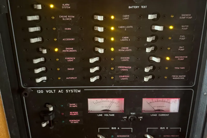 Slide: The Image of Control panel of a 1974 Pacemaker 48 Sportfisherman boat with switches and gauges. - 33