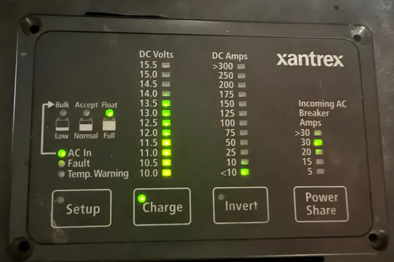 Slide: The Image of Control panel of a Xantrex charger on a 1974 Pacemaker 48 Sportfisherman boat. - 34