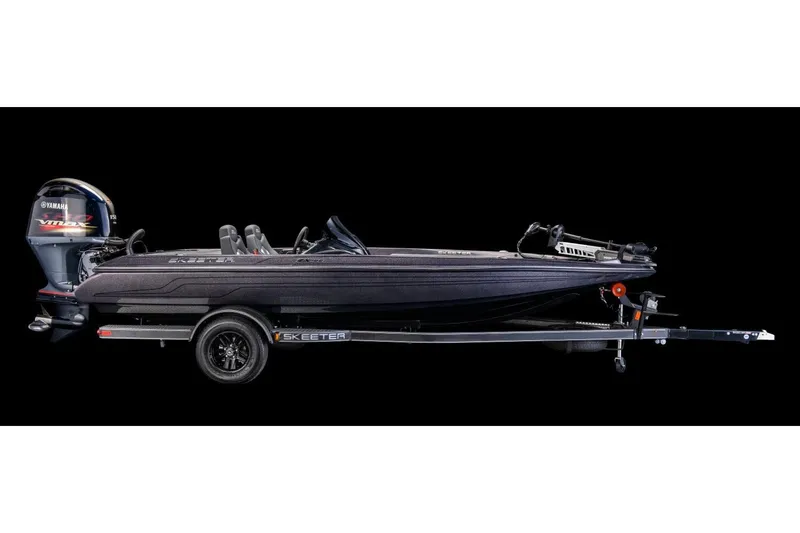 Slide: The Image of Manufacturer Provided Image: 2024 Skeeter ZX150 bass boat with Yamaha engine, side view on trailer, black background. - 9