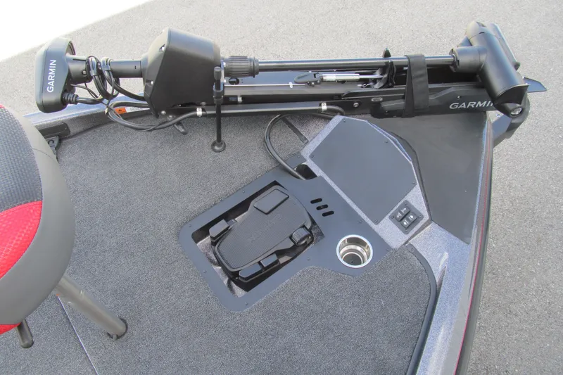 Slide: The Image of 2026 Ranger Z185 boat deck with Garmin trolling motor and foot pedal controls. - 12
