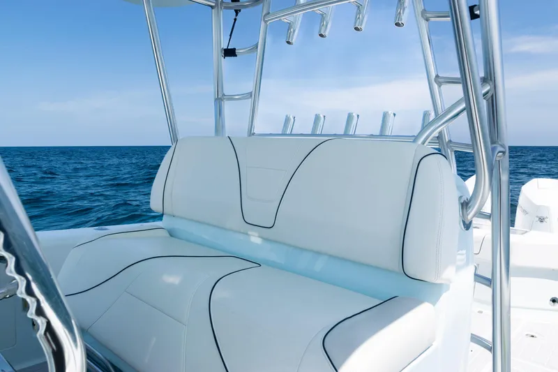Slide: The Image of 2023 SeaVee 390Z boat dashboard with advanced navigation system and ocean view. - 21