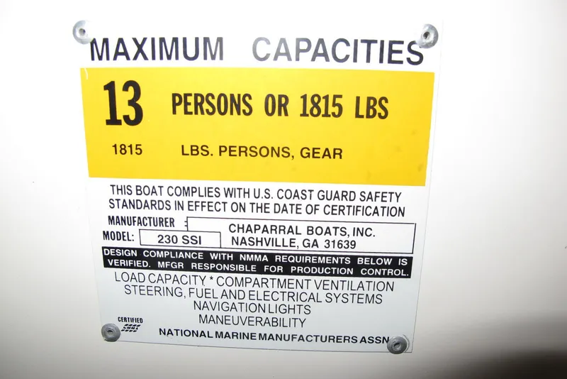 Slide: The Image of Capacity label for 2000 Chaparral 230 SSi, max 13 persons or 1815 lbs. - 17