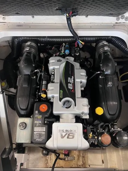 Slide: The Image of 2021 Chaparral 307 SSX engine, 8.2L V8, powerful marine motor. - 28