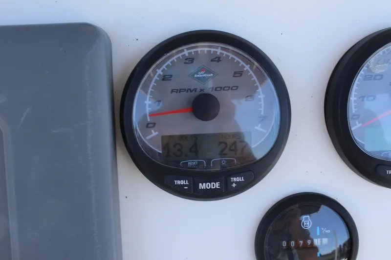 Slide: The Image of Close-up of 2009 Boston Whaler 220 Outrage tachometer displaying RPM and engine hours. - 23