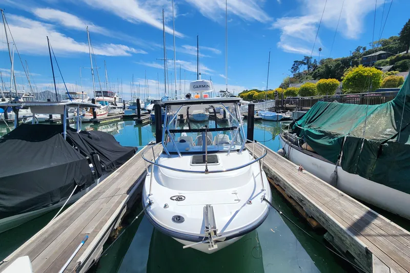 Slide: The Image of Boston Whaler 21 Conquest 2000 docked at a marina under a clear blue sky. - 2