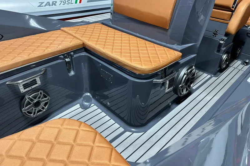 Slide: The Image of Luxurious interior of 2025 Zar Formenti 59 SL/Limited boat with tan quilted seats. - 12