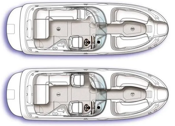 Slide: The Image of 2008 Sea Ray 240 Sundeck boat layout, top and side views, showcasing seating and deck design. - 15