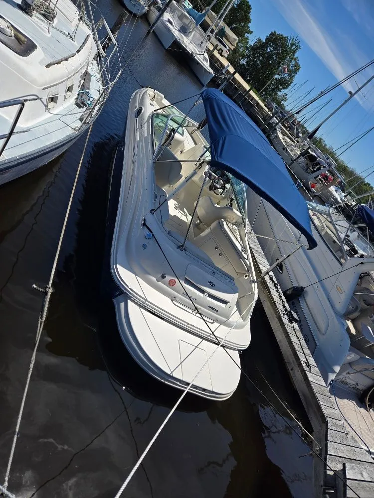 Slide: The Image of 2008 Sea Ray 240 Sundeck boat docked with blue canopy in marina. - 3