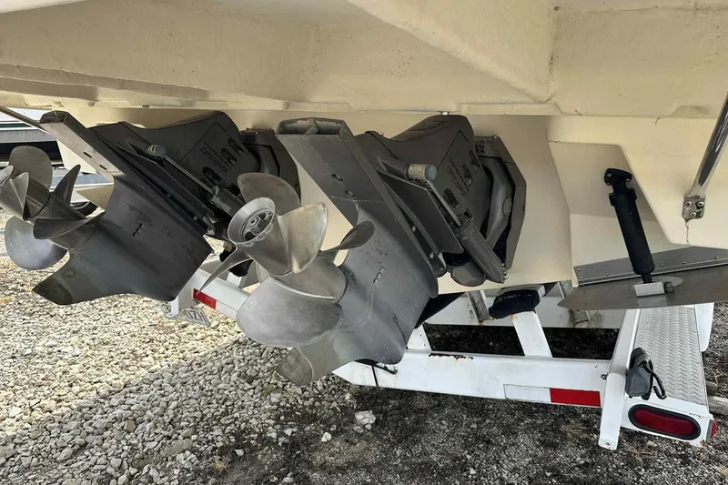 Slide: The Image of 2005 Regal 3350 Sport Cruiser dual propellers on trailer, rear view. - 31