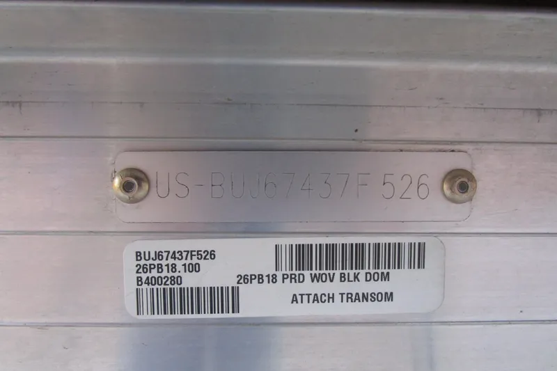 Slide: The Image of 2026 Sun Tracker Party Barge 18 identification plate with serial number and barcode. - 15