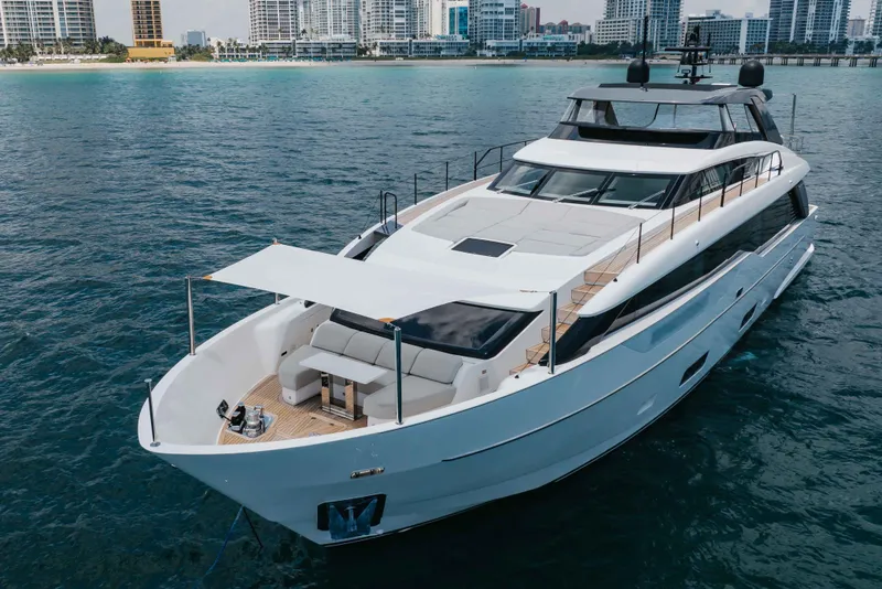 Slide: The Image of 2024 Sanlorenzo SL90A yacht on water, showcasing sleek design and luxury features. - 13