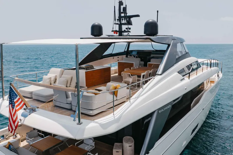 Slide: The Image of Luxurious 2024 Sanlorenzo SL90A yacht with spacious deck and elegant design on open sea. - 15