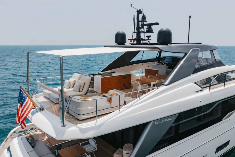 Slide: The Image of Luxurious 2024 Sanlorenzo SL90A yacht with spacious deck and elegant design on open sea. - 16